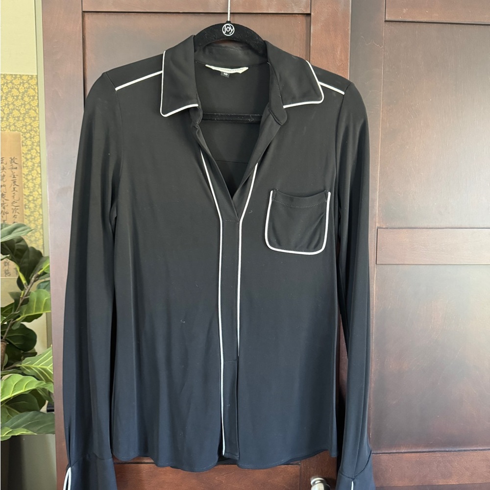 Diane Von Furstenberg Black Shirt with White Piping